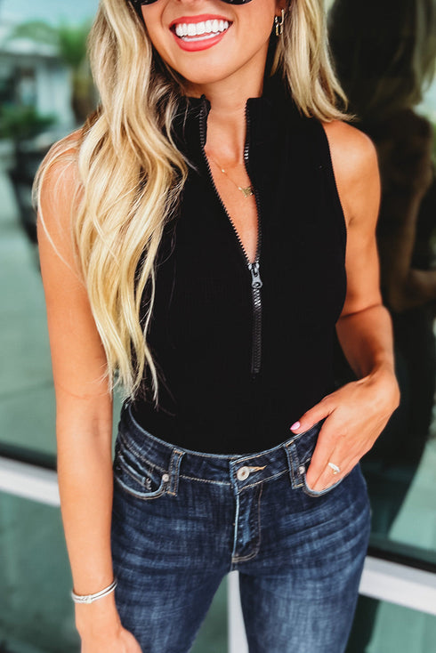 Zip up Mock Neck Ribbed Sleeveless Bodysuit